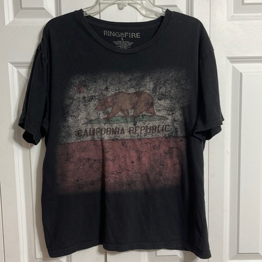 Ring of Fire California Republic Bear T Shirt Mens Large Black‎ Graphic Tee
